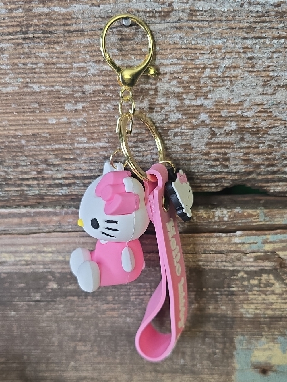 Hello Kitty Pink and White Rubber Keychain with Gold Hardware, NEW